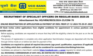 UCO Bank SO Recruitment 2024-25 Notification OUT Apply Online